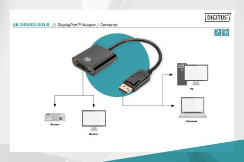 Digitus Kabel adapter Displayport z zatrzaskiem 1080p 60Hz FHD Typ DP/DVI-I (24+5) M/Ż 0,15m Czarny Digitus Kabel adapter Displayport z zatrzaskiem 1080p 60Hz FHD Typ DP/DVI-I (24+5) M/Ż 0,15m Czarny