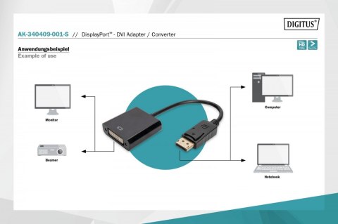 Digitus Kabel adapter Displayport z zatrzaskiem 1080p 60Hz FHD Typ DP/DVI-I (24+5) M/Ż czarny 0,15m Digitus Kabel adapter Displayport z zatrzaskiem 1080p 60Hz FHD Typ DP/DVI-I (24+5) M/Ż czarny 0,15m