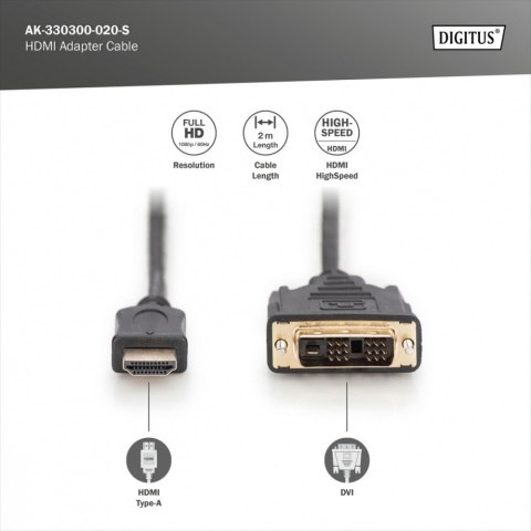 Digitus Kabel adapter HDMI Standard 1080p 60Hz FHD Typ HDMI A/DVI-D (18+1) M/M czarny 2m Digitus Kabel adapter HDMI Standard 1080p 60Hz FHD Typ HDMI A/DVI-D (18+1) M/M czarny 2m