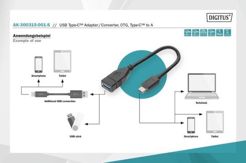 Digitus Kabel adapter USB 3.1 Gen 1 SuperSpeed OTG Typ USB C/USB A M/Ż 0,15m Czarny Digitus Kabel adapter USB 3.1 Gen 1 SuperSpeed OTG Typ USB C/USB A M/Ż 0,15m Czarny