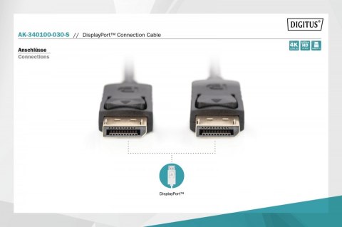 Digitus Kabel połączeniowy DisplayPort z zatrzaskami 4K 60Hz UHD Typ DP/DP M/M czarny 3m Digitus Kabel połączeniowy DisplayPort z zatrzaskami 4K 60Hz UHD Typ DP/DP M/M czarny 3m