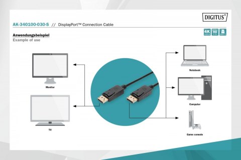 Digitus Kabel połączeniowy DisplayPort z zatrzaskami 4K 60Hz UHD Typ DP/DP M/M czarny 3m Digitus Kabel połączeniowy DisplayPort z zatrzaskami 4K 60Hz UHD Typ DP/DP M/M czarny 3m