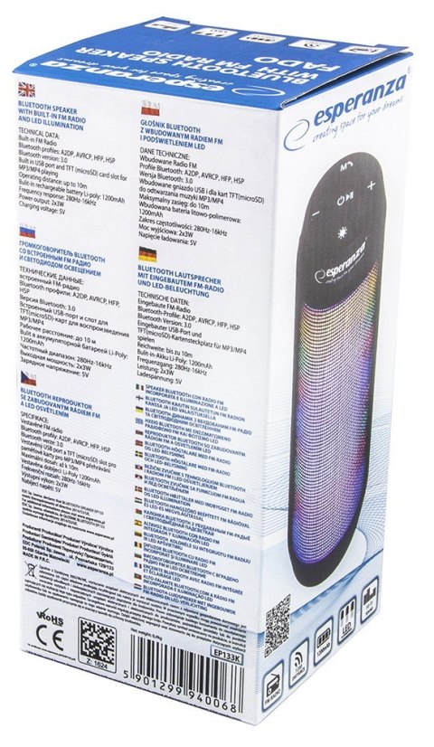 Esperanza Głośnik FADO bluetooth z podświetleniem LED Esperanza Głośnik FADO bluetooth z podświetleniem LED