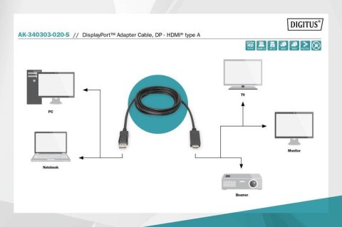 Digitus Kabel adapter DisplayPort 1.2 z zatrzaskiem 4K 60Hz UHD Typ DP/HDMI A M/M 1m Czarny Digitus Kabel adapter DisplayPort 1.2 z zatrzaskiem 4K 60Hz UHD Typ DP/HDMI A M/M 1m Czarny