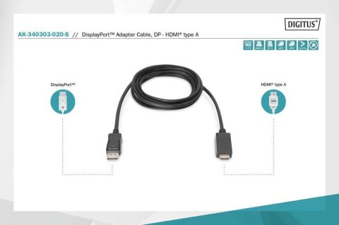 Digitus Kabel adapter DisplayPort 1.2 z zatrzaskiem 4K 60Hz UHD Typ DP/HDMI A M/M czarny 2m Digitus Kabel adapter DisplayPort 1.2 z zatrzaskiem 4K 60Hz UHD Typ DP/HDMI A M/M czarny 2m