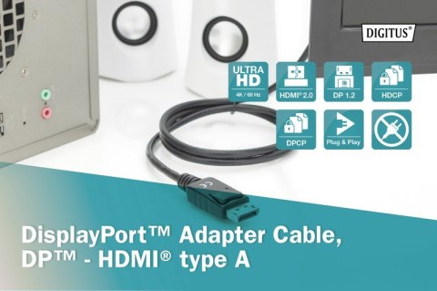 Digitus Kabel adapter DisplayPort 1.2 z zatrzaskiem 4K 60Hz UHD Typ DP/HDMI A M/M czarny 3m Digitus Kabel adapter DisplayPort 1.2 z zatrzaskiem 4K 60Hz UHD Typ DP/HDMI A M/M czarny 3m