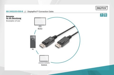 Digitus Kabel połączeniowy DisplayPort z zatrzaskami 1080p 60Hz FHD Typ DP/DP M/M czarny 3m Digitus Kabel połączeniowy DisplayPort z zatrzaskami 1080p 60Hz FHD Typ DP/DP M/M czarny 3m