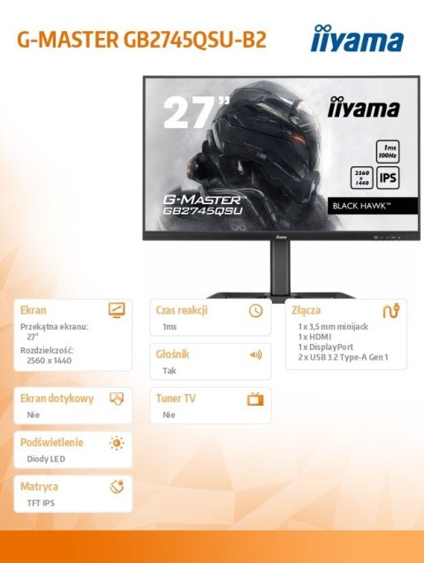 IIYAMA Monitor 27 cali GB2745QSU-B2,IPS,QHD,100Hz,1ms,2xUSB,300cd