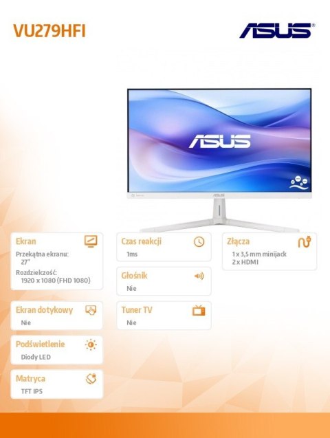 Asus Monitor 27 cali VU279HFI-W IPS 100Hz HDMIx2 biały