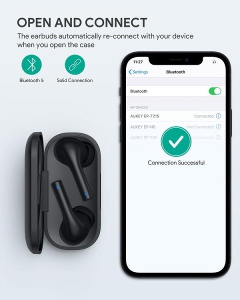 AUKEY EP-T21S Black True Wireless Słuchawki Bluetooth 5.0 | 3D SurroundSound | Move Compact II | wodoodporne IPX6 | 30h AUKEY EP-T21S Black True Wireless Słuchawki Bluetooth 5.0 | 3D SurroundSound | Move Compact II | wodoodporne IPX6 | 30h