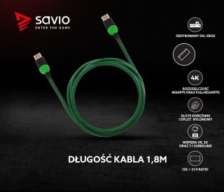 Savio Kabel HDMI 2.0 zielono-czarny 1,8m, GCL-03