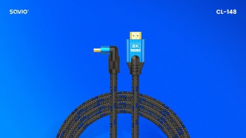 Savio Kabel HDMI (M) v2.1, kątowy, 3m, 8K, miedź, niebiesko-czarny, złote końcówki, ethernet/3D, CL-148 Savio Kabel HDMI (M) v2.1, kątowy, 3m, 8K, miedź, niebiesko-czarny, złote końcówki, ethernet/3D, CL-148