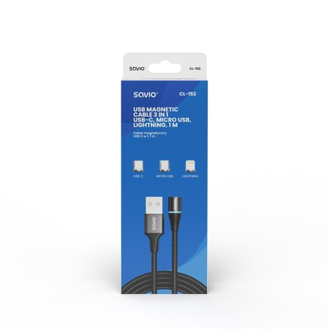 Savio Kabel magnetyczny USB - USB typ C, Micro i Lightning, czarny, 1m, CL-152