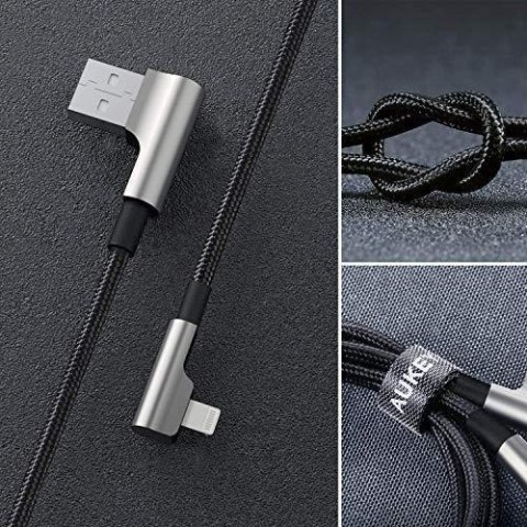 AUKEY CB-AL01 Black OEM nylonowy kabel USB - Lightning | 2m | wtyki 90 stopni | certyfikat MFi AUKEY CB-AL01 Black OEM nylonowy kabel USB - Lightning | 2m | wtyki 90 stopni | certyfikat MFi
