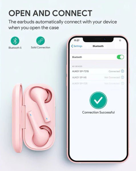 AUKEY EP-T21S Pink True Wireless Słuchawki Bluetooth 5.0 | 3D SurroundSound | Move Compact II | wodoodporne IPX6 | 30h