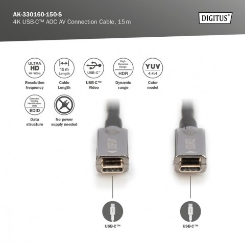 Digitus Kabel połączeniowy hybrydowy AOC USB 3.1 Typ C/USB Typ C 4K 60Hz 15m Digitus Kabel połączeniowy hybrydowy AOC USB 3.1 Typ C/USB Typ C 4K 60Hz 15m