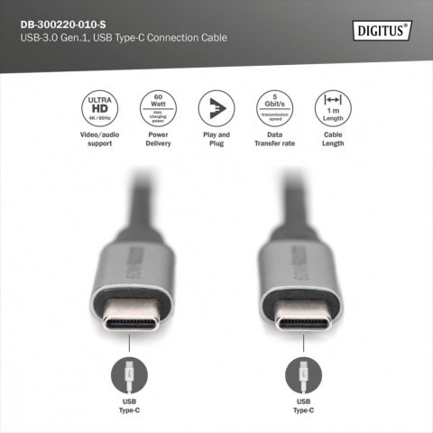 Digitus Kabel połączeniowy USB 3.0 60W/5Gbps Typ USB C/USB C M/M 1m Czarny Digitus Kabel połączeniowy USB 3.0 60W/5Gbps Typ USB C/USB C M/M 1m Czarny