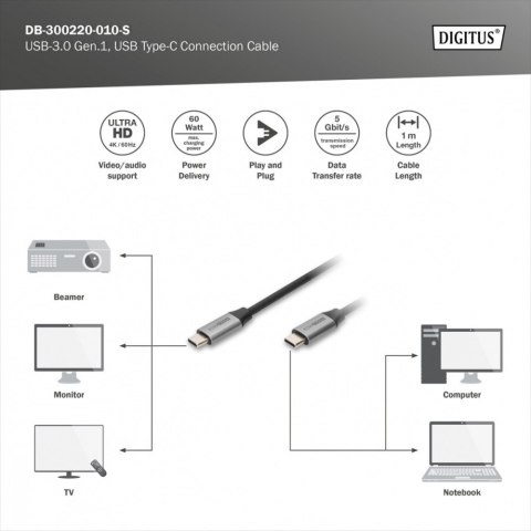 Digitus Kabel połączeniowy USB 3.0 60W/5Gbps Typ USB C/USB C M/M 1m Czarny Digitus Kabel połączeniowy USB 3.0 60W/5Gbps Typ USB C/USB C M/M 1m Czarny
