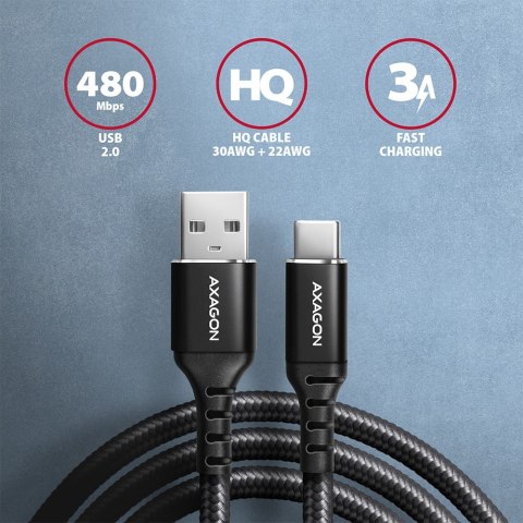 AXAGON BUCM-AM15AB Kabel USB-C - USB-A, 1.5m, USB 2.0, 3A, ALU, oplot, Czarny AXAGON BUCM-AM15AB Kabel USB-C - USB-A, 1.5m, USB 2.0, 3A, ALU, oplot, Czarny