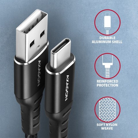 AXAGON BUCM-AM20AB Kabel USB-C - USB-A, 2m, USB 2.0, 3A, ALU, oplot, Czarny AXAGON BUCM-AM20AB Kabel USB-C - USB-A, 2m, USB 2.0, 3A, ALU, oplot, Czarny