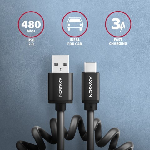 AXAGON BUCM-AM20TB Kabel Twister USB-C - USB-A, 1.1m, USB2.0 3A, ALU, czarny