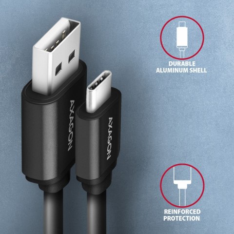 AXAGON BUCM-AM20TB Kabel Twister USB-C - USB-A, 1.1m, USB2.0 3A, ALU, czarny