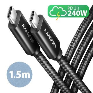AXAGON BUCM2-CM15AB Kabel USB-C - USB-C, 1.5m 5A charging, ALU, 240W PD, oplot, USB2.0, czarny