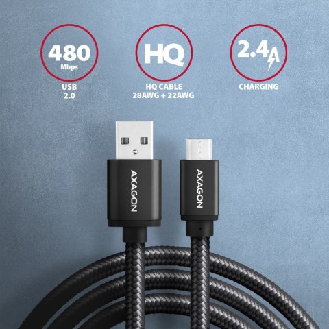 AXAGON BUMM-AM20AB Kabel MicroUSB - USB A, 2m, USB 2.0, 2.4A, ALU, oplot Czarny AXAGON BUMM-AM20AB Kabel MicroUSB - USB A, 2m, USB 2.0, 2.4A, ALU, oplot Czarny