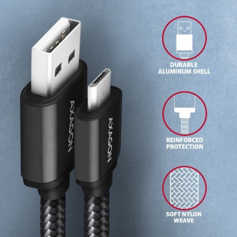AXAGON BUMM-AM20AB Kabel MicroUSB - USB A, 2m, USB 2.0, 2.4A, ALU, oplot Czarny AXAGON BUMM-AM20AB Kabel MicroUSB - USB A, 2m, USB 2.0, 2.4A, ALU, oplot Czarny