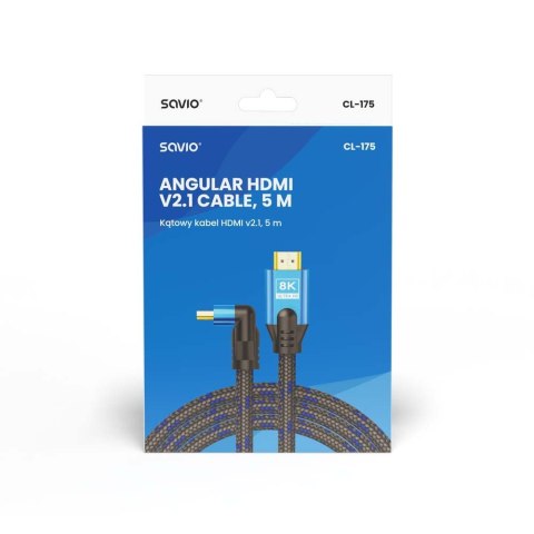 Savio Kabel HDMI (M) v2.1, kątowy, 5m, 8K, miedź, niebiesko-czarny, złote końcówki, ethernet/3D, CL-175 Savio Kabel HDMI (M) v2.1, kątowy, 5m, 8K, miedź, niebiesko-czarny, złote końcówki, ethernet/3D, CL-175