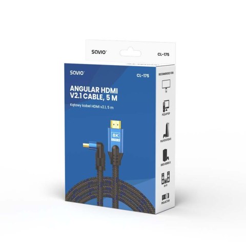Savio Kabel HDMI (M) v2.1, kątowy, 5m, 8K, miedź, niebiesko-czarny, złote końcówki, ethernet/3D, CL-175 Savio Kabel HDMI (M) v2.1, kątowy, 5m, 8K, miedź, niebiesko-czarny, złote końcówki, ethernet/3D, CL-175