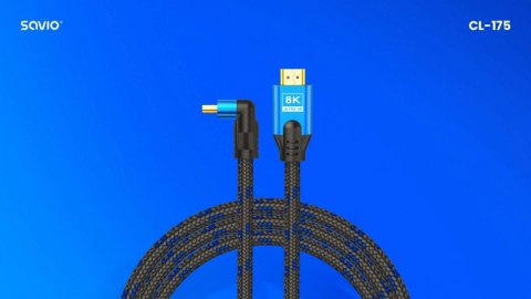 Savio Kabel HDMI (M) v2.1, kątowy, 5m, 8K, miedź, niebiesko-czarny, złote końcówki, ethernet/3D, CL-175 Savio Kabel HDMI (M) v2.1, kątowy, 5m, 8K, miedź, niebiesko-czarny, złote końcówki, ethernet/3D, CL-175