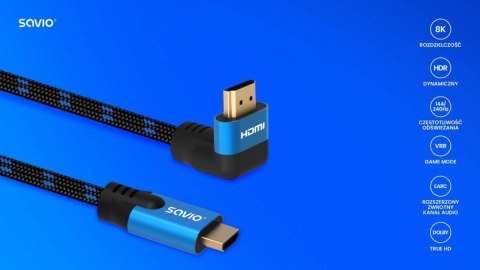 Savio Kabel HDMI (M) v2.1, kątowy, 5m, 8K, miedź, niebiesko-czarny, złote końcówki, ethernet/3D, CL-175 Savio Kabel HDMI (M) v2.1, kątowy, 5m, 8K, miedź, niebiesko-czarny, złote końcówki, ethernet/3D, CL-175