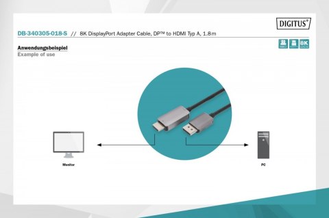 Digitus Kabel adapter DisplayPort - HDMI 8K 60Hz DP/HDMI M/M 1,8m Digitus Kabel adapter DisplayPort - HDMI 8K 60Hz DP/HDMI M/M 1,8m