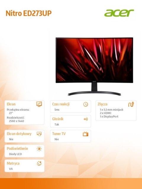 Acer Monitor 27 cali Nitro ED273UPbmiipx Curved/QHD/165Hz Acer Monitor 27 cali Nitro ED273UPbmiipx Curved/QHD/165Hz