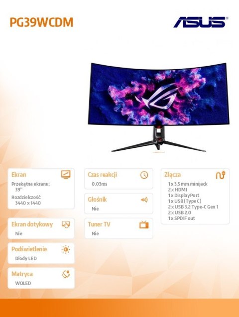 Asus Monitor 39 cali PG39WCDM OLED QOLED 0.03 240Hz KVM 450NIT DP HDMIx2 USBx4 USB-C 90w h:0-80mm Asus Monitor 39 cali PG39WCDM OLED QOLED 0.03 240Hz KVM 450NIT DP HDMIx2 USBx4 USB-C 90w h:0-80mm
