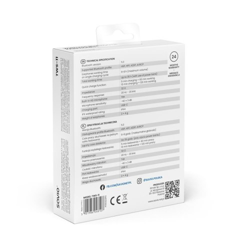 Savio Słuchawki bezprzewodowe Bluetooth 5.3 z mikrofonem, ENC, QC, TWS-11