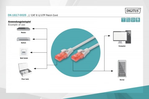 Digitus Patch cord nieekranowany U/UTP Kat.6 AWG 26/7 miedź LSOH 0,25m Szary Digitus Patch cord nieekranowany U/UTP Kat.6 AWG 26/7 miedź LSOH 0,25m Szary