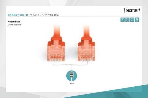 Digitus Patch cord nieekranowany U/UTP Kat.6 AWG 26/7 miedź LSOH 0,5m Czerwony Digitus Patch cord nieekranowany U/UTP Kat.6 AWG 26/7 miedź LSOH 0,5m Czerwony