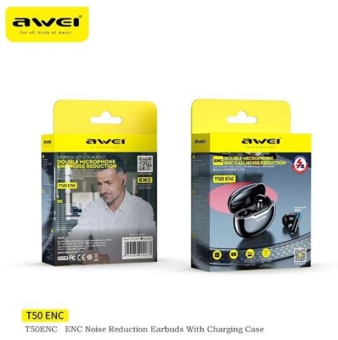 AWEI Słuchawki stereo Bluetooth T50 ENC TWS Czarne AWEI Słuchawki stereo Bluetooth T50 ENC TWS Czarne