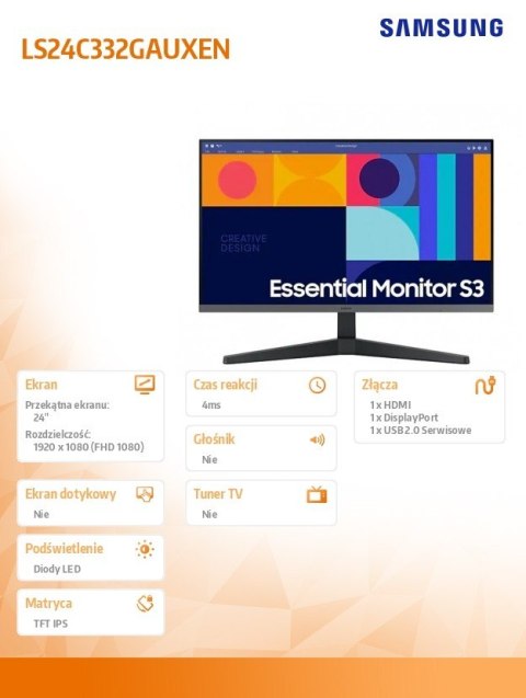 Samsung Monitor 24 cale LS24C332GAUXEN IPS 1920x1080 FHD 16:9 1xHDMI 1xDP 4ms(GT) 100Hz płaski 2 lata d2d
