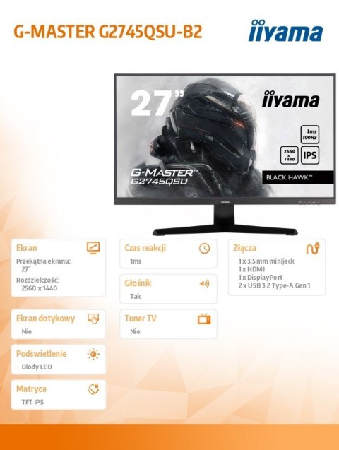 IIYAMA Monitor 27 cali G2745QSU-B2,IPS,QHD,100Hz,1ms,2xUSB,300cd