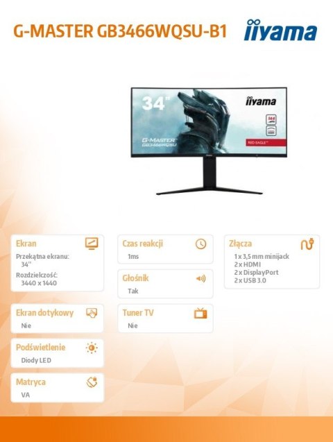 IIYAMA Monitor 34 cale GB3466WQSU-B1 VA,UWQHD,144HZ,1MS,1500R,HDMI/DPx2,USB 3.0