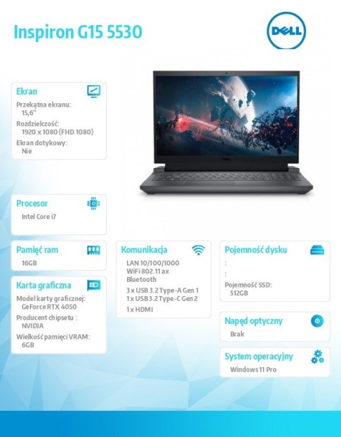 Dell Notebook G15 5530 Win11Pro i7-13650HX/16GB/512GB SSD/15.6 FHD 165Hz/GeForce RTX 4050/Cam & Mic/WLAN + BT/Backlit Kb/6 Cell/3Y Ba