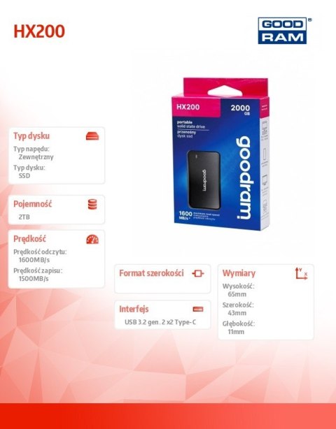 GOODRAM Dysk SSD HX200 2TB USB-C+A 1600/1500MB/s czarny GOODRAM Dysk SSD HX200 2TB USB-C+A 1600/1500MB/s czarny