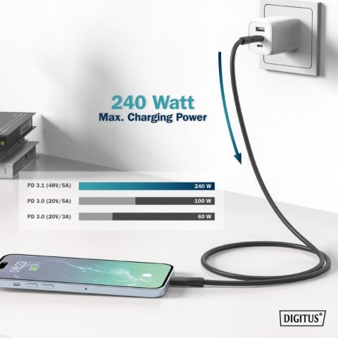 Digitus Kabel połączeniowy silikonowy USB-C - USB-C, USB 4 Gen3 40G 8K 240W, 1m Czarny Digitus Kabel połączeniowy silikonowy USB-C - USB-C, USB 4 Gen3 40G 8K 240W, 1m Czarny