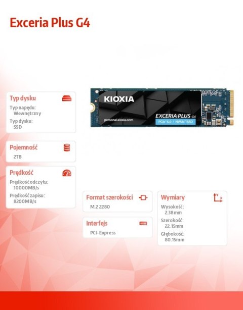 Kioxia Dysk SSD Exceria Plus G4 2TB PCIe Gen5x4 10000/8200 Kioxia Dysk SSD Exceria Plus G4 2TB PCIe Gen5x4 10000/8200