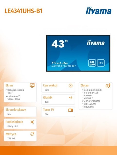 IIYAMA Monitor wielkoformatowy 43 cale LE4341UHS-B1 IPS,4K,18/7,LAN,USB,HDMI