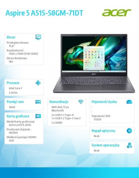 Acer Laptop Aspire 5 A515-58GM-71DT i7-13620H/15.6 FHD/16GB/512GB/GeForce RTX 2050/NoOS