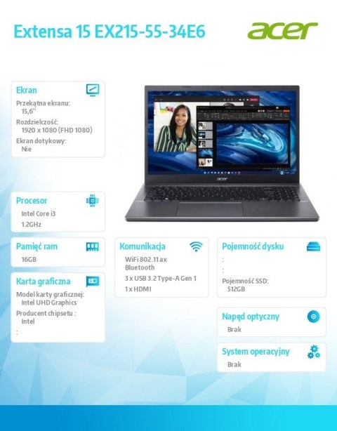Acer Laptop Extensa 15 EX215-55-34E6 i3-1215U/15.6/16 GB/512GB SSD/NoOS